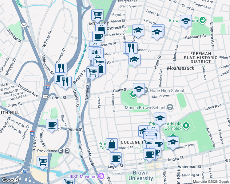 map of restaurants, bars, coffee shops, grocery stores, and more near 42 Hidden Street in Providence