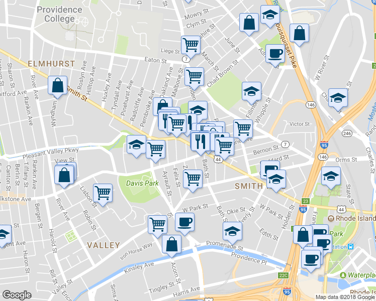 map of restaurants, bars, coffee shops, grocery stores, and more near 4 Young Avenue in Providence