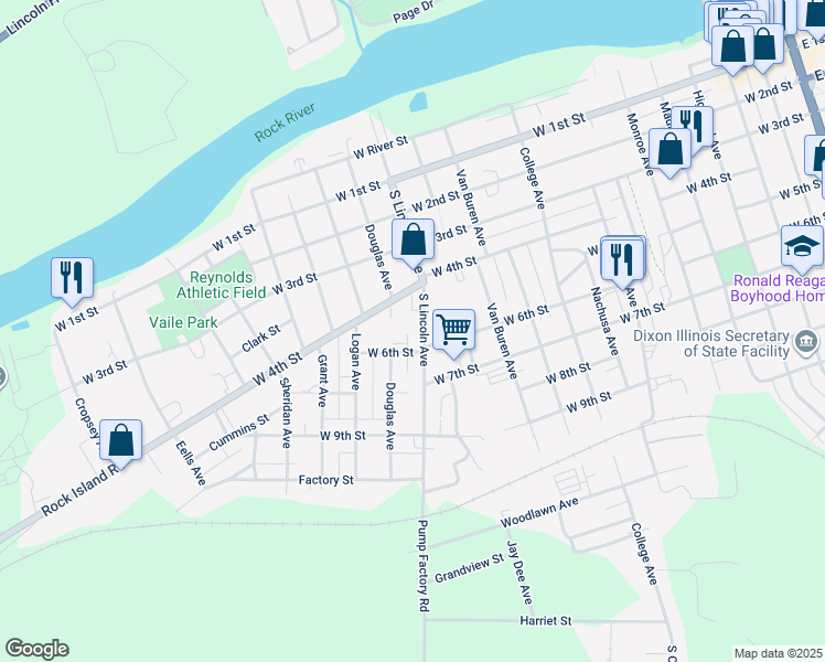 map of restaurants, bars, coffee shops, grocery stores, and more near 501 South Lincoln Avenue in Dixon