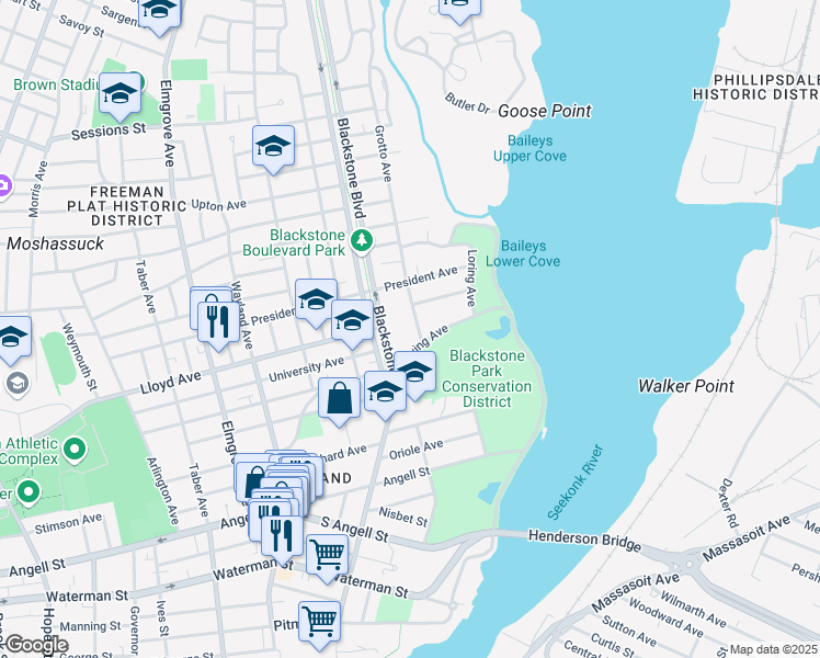 map of restaurants, bars, coffee shops, grocery stores, and more near 59 Blackstone Boulevard in Providence