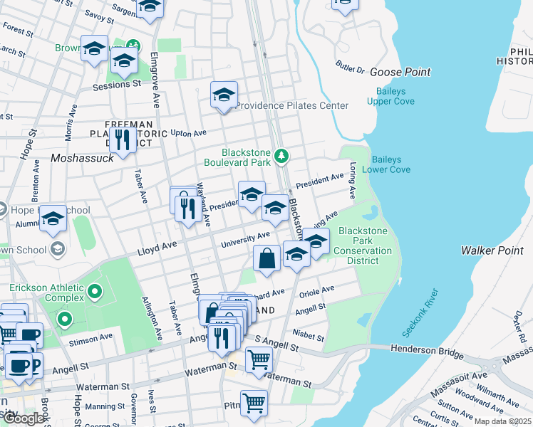 map of restaurants, bars, coffee shops, grocery stores, and more near 525 Lloyd Avenue in Providence