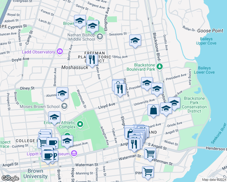 map of restaurants, bars, coffee shops, grocery stores, and more near 155 Elmgrove Avenue in Providence