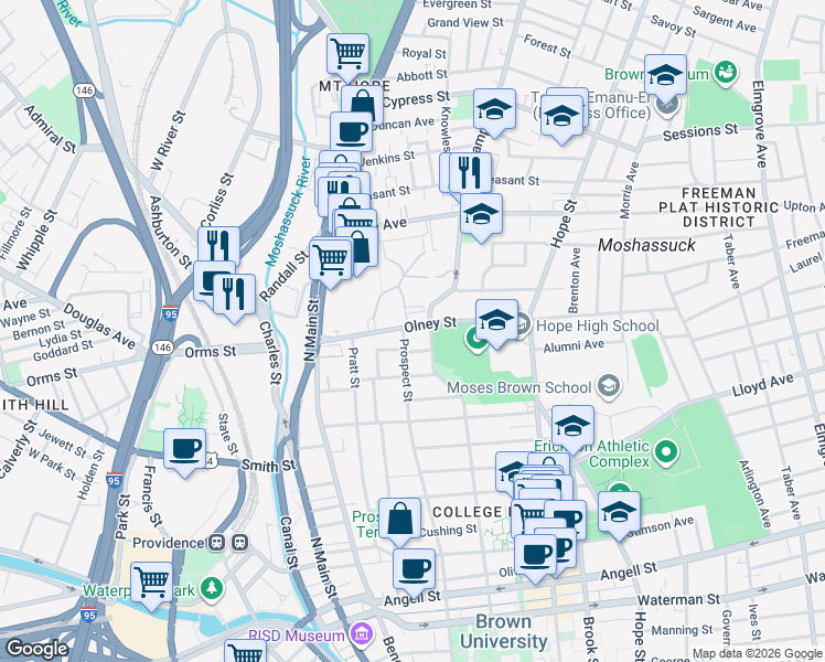 map of restaurants, bars, coffee shops, grocery stores, and more near 42 Hidden Street in Providence