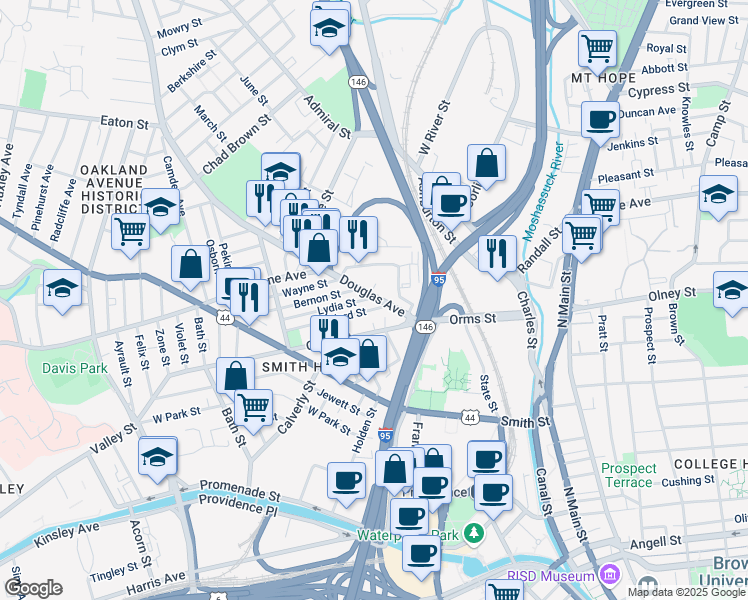 map of restaurants, bars, coffee shops, grocery stores, and more near 12 Goddard Street in Providence