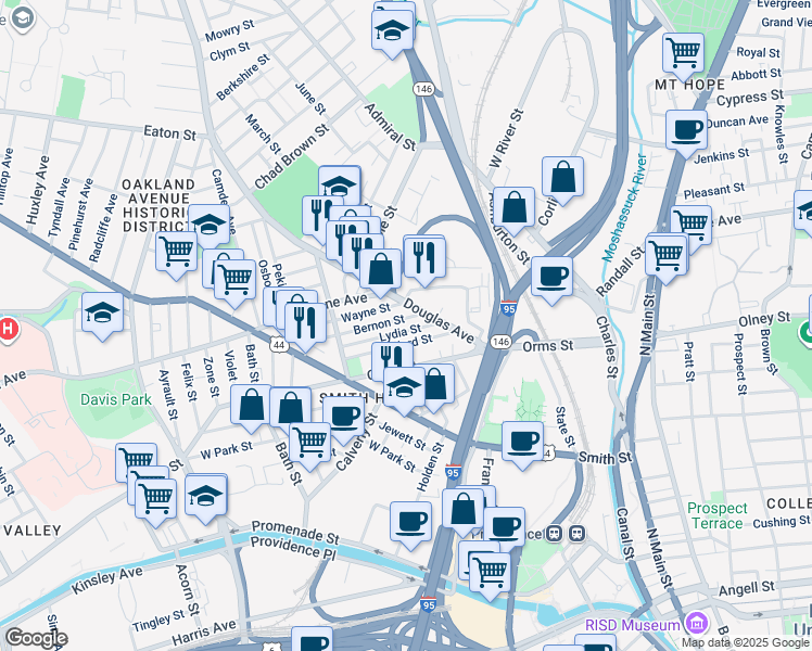 map of restaurants, bars, coffee shops, grocery stores, and more near 41 Goddard Street in Providence