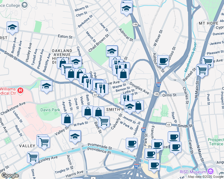 map of restaurants, bars, coffee shops, grocery stores, and more near 28 Candace Street in Providence