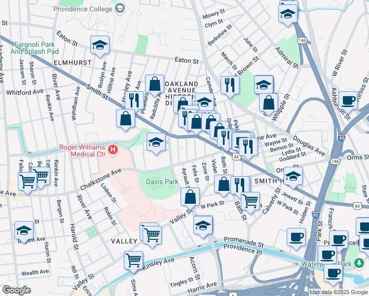 map of restaurants, bars, coffee shops, grocery stores, and more near 16 Ruggles Street in Providence