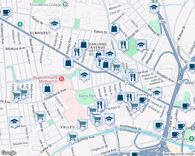 map of restaurants, bars, coffee shops, grocery stores, and more near 37 Richter Street in Providence