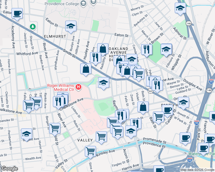 map of restaurants, bars, coffee shops, grocery stores, and more near 29 Higgins Avenue in Providence