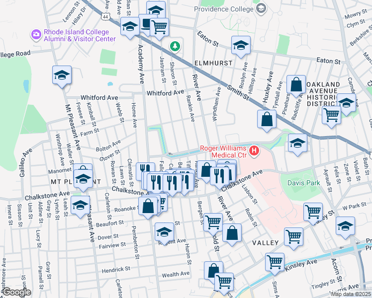 map of restaurants, bars, coffee shops, grocery stores, and more near 542 Pleasant Valley Parkway in Providence