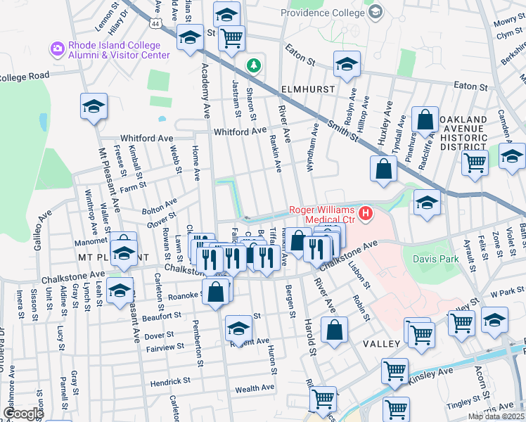 map of restaurants, bars, coffee shops, grocery stores, and more near 579 Pleasant Valley Parkway in Providence