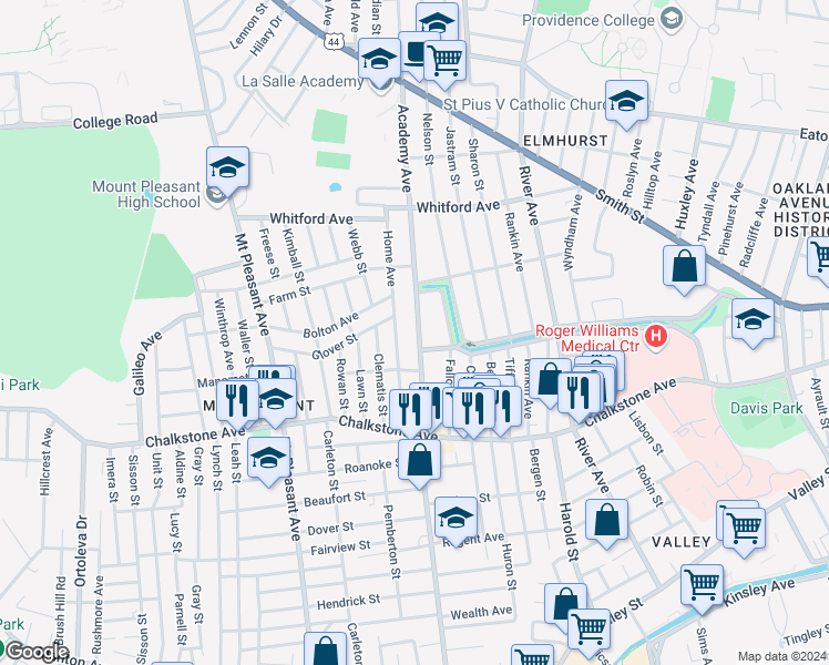 map of restaurants, bars, coffee shops, grocery stores, and more near 85 Home Avenue in Providence