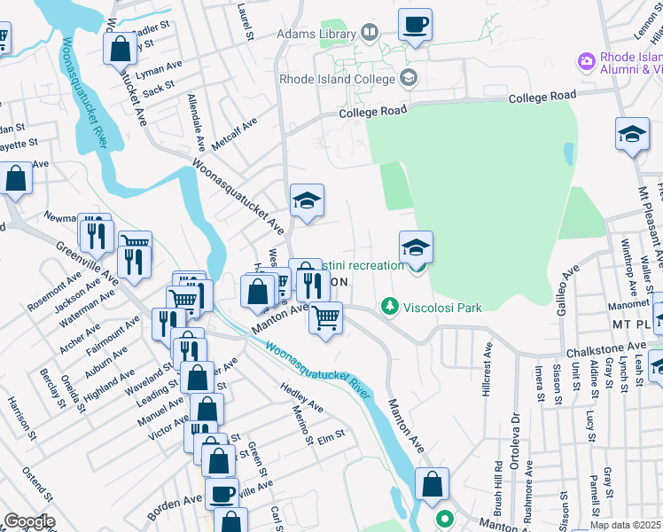 map of restaurants, bars, coffee shops, grocery stores, and more near 70 Huber Avenue in Providence