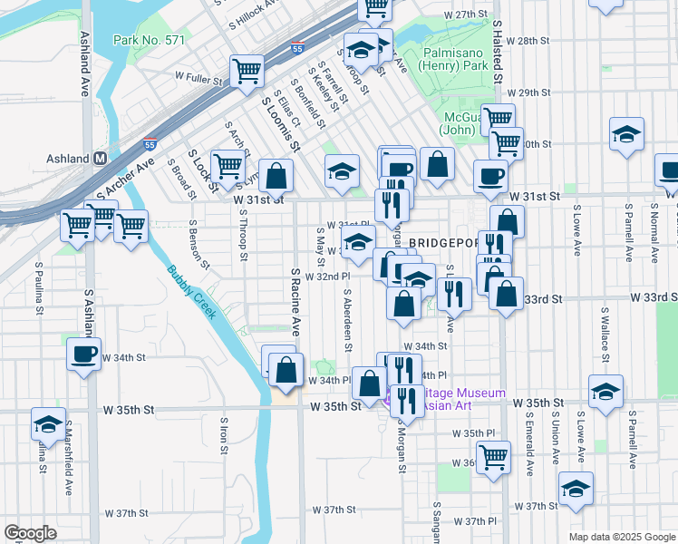 map of restaurants, bars, coffee shops, grocery stores, and more near 3228 South Aberdeen Street in Chicago