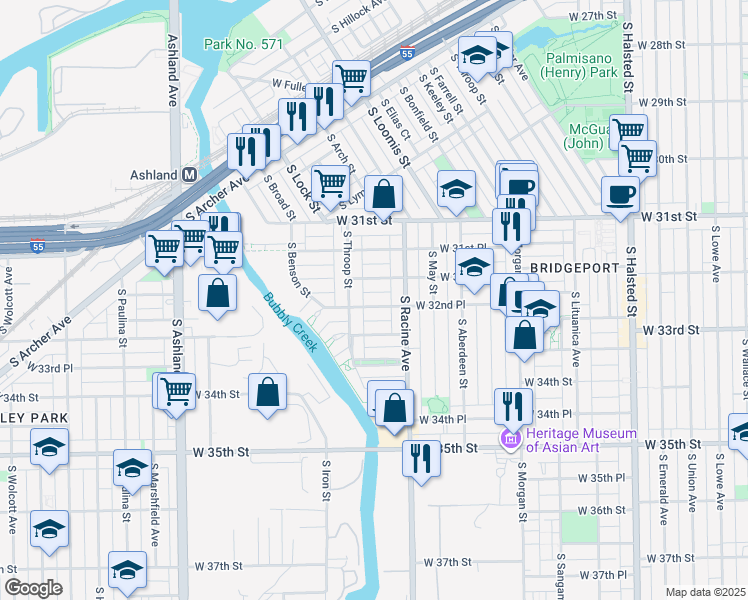 map of restaurants, bars, coffee shops, grocery stores, and more near 1225 West 32nd Place in Chicago