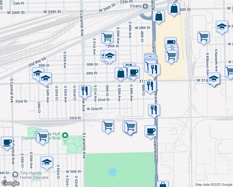 map of restaurants, bars, coffee shops, grocery stores, and more near 4928 West 32nd Street in Cicero