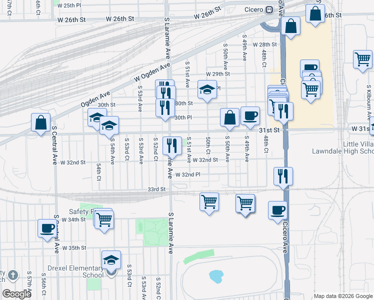 map of restaurants, bars, coffee shops, grocery stores, and more near 5056 West 32nd Street in Cicero