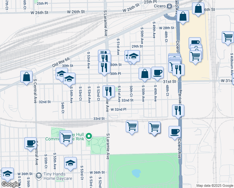 map of restaurants, bars, coffee shops, grocery stores, and more near 5118 West 32nd Street in Cicero