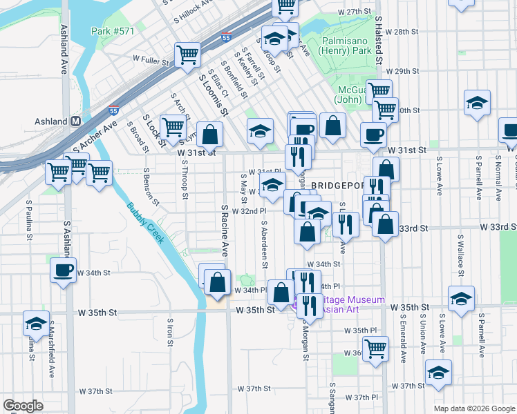 map of restaurants, bars, coffee shops, grocery stores, and more near 3228 South Aberdeen Street in Chicago