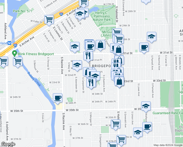 map of restaurants, bars, coffee shops, grocery stores, and more near 3235 South Morgan Street in Chicago