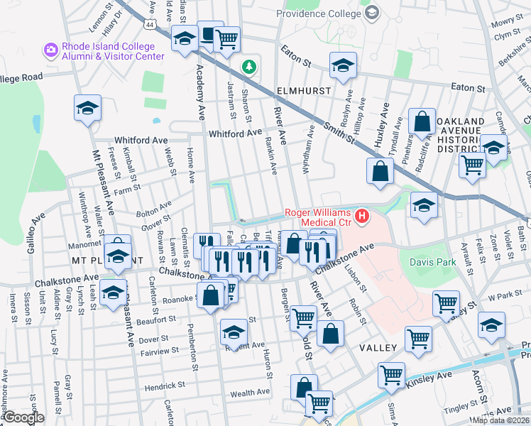 map of restaurants, bars, coffee shops, grocery stores, and more near 542 Pleasant Valley Parkway in Providence