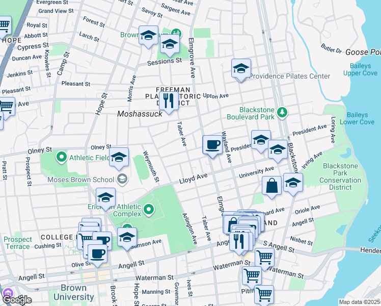 map of restaurants, bars, coffee shops, grocery stores, and more near 185 Taber Avenue in Providence