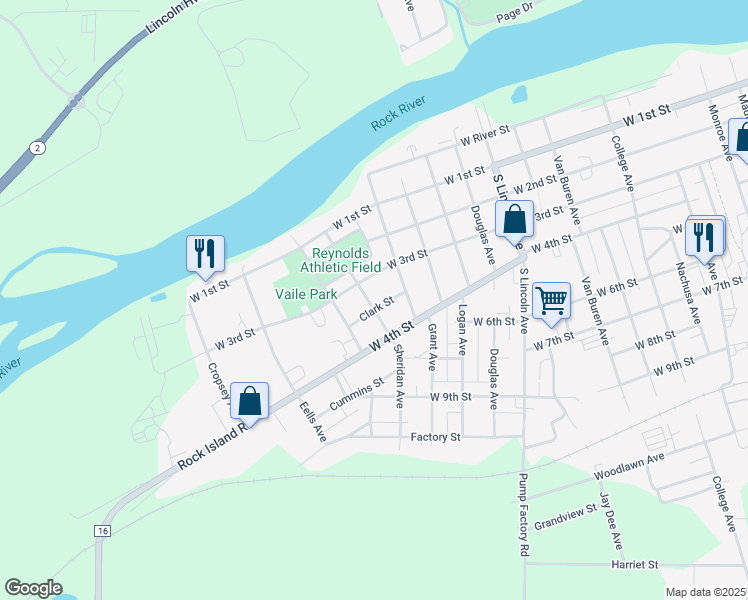 map of restaurants, bars, coffee shops, grocery stores, and more near 325 Sheridan Avenue in Dixon