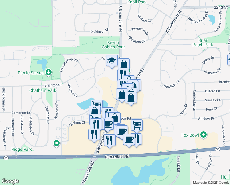 map of restaurants, bars, coffee shops, grocery stores, and more near 18 Blanchard Circle in Wheaton
