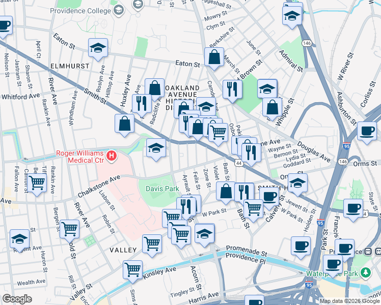 map of restaurants, bars, coffee shops, grocery stores, and more near 16 Ruggles Street in Providence