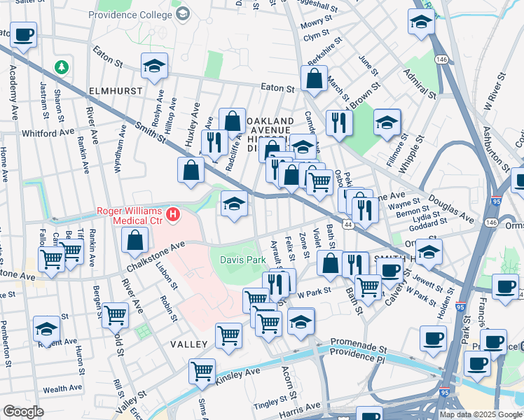 map of restaurants, bars, coffee shops, grocery stores, and more near 37 Richter Street in Providence
