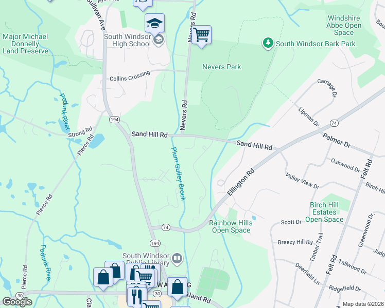 map of restaurants, bars, coffee shops, grocery stores, and more near 606 Sandstone Drive in South Windsor