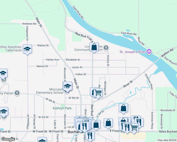 map of restaurants, bars, coffee shops, grocery stores, and more near 114 Fulton Street in Buchanan