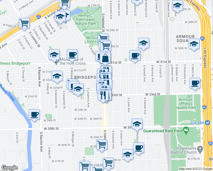 map of restaurants, bars, coffee shops, grocery stores, and more near 3252 South Halsted Street in Chicago