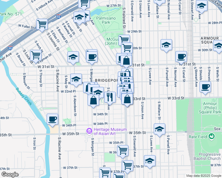 map of restaurants, bars, coffee shops, grocery stores, and more near 844 West 33rd Street in Chicago