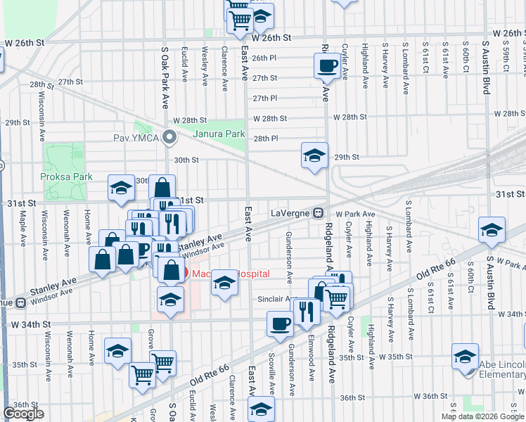 map of restaurants, bars, coffee shops, grocery stores, and more near 6535 Stanley Avenue in Berwyn