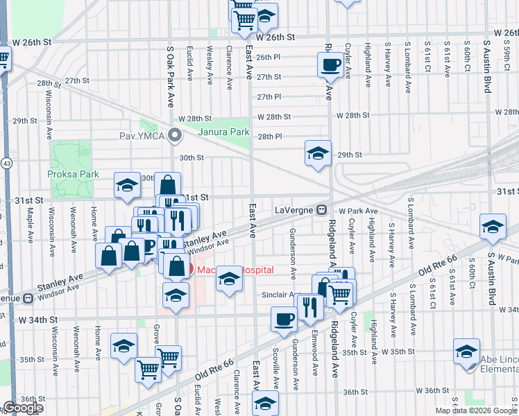 map of restaurants, bars, coffee shops, grocery stores, and more near 6535 Stanley Avenue in Berwyn