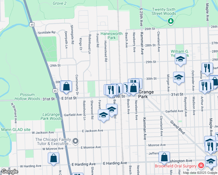 map of restaurants, bars, coffee shops, grocery stores, and more near 1111 Homestead Road in La Grange Park