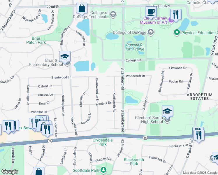 map of restaurants, bars, coffee shops, grocery stores, and more near 304 Saint James Court in Glen Ellyn