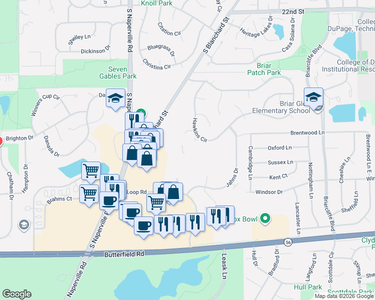 map of restaurants, bars, coffee shops, grocery stores, and more near 60 Sterling Circle in Wheaton