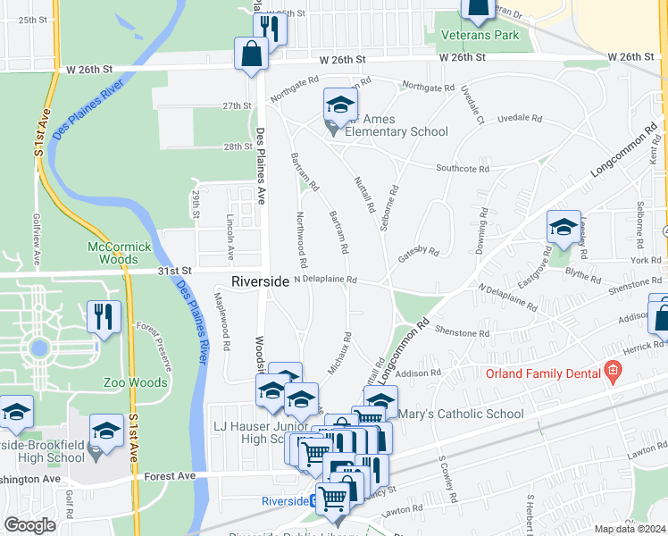 map of restaurants, bars, coffee shops, grocery stores, and more near 350 North Delaplaine Road in Riverside