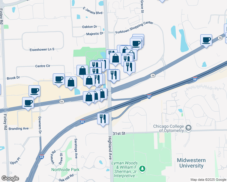 map of restaurants, bars, coffee shops, grocery stores, and more near 333 East Butterfield Road in Lombard