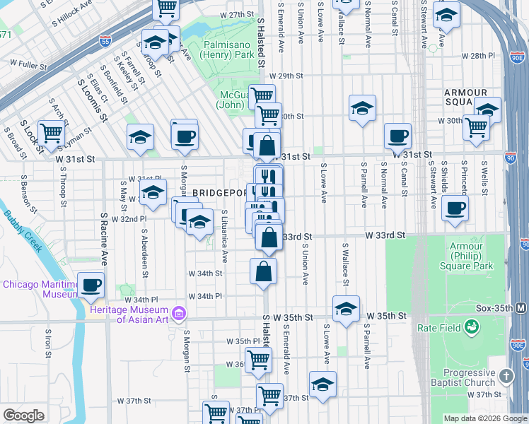 map of restaurants, bars, coffee shops, grocery stores, and more near 3252 South Halsted Street in Chicago
