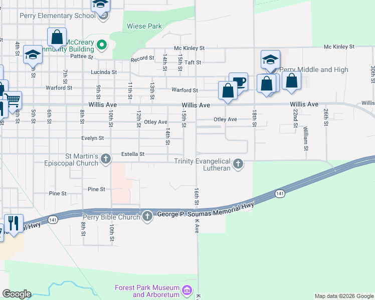 map of restaurants, bars, coffee shops, grocery stores, and more near 2524 Iowa Street in Perry