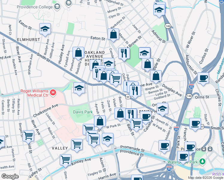 map of restaurants, bars, coffee shops, grocery stores, and more near 478 Smith Street in Providence