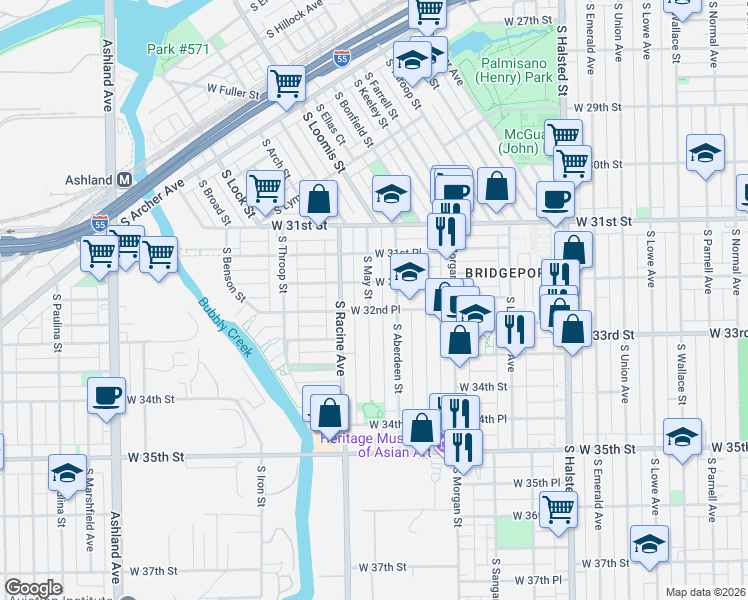 map of restaurants, bars, coffee shops, grocery stores, and more near 3228 South Aberdeen Street in Chicago
