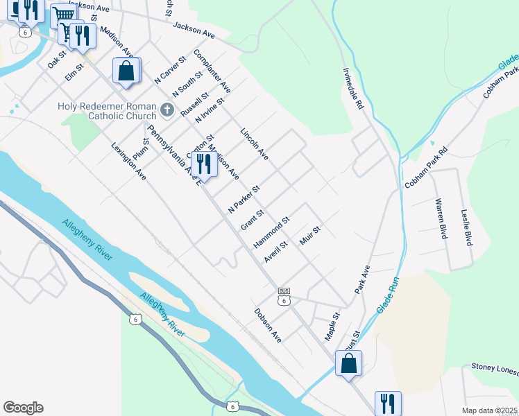 map of restaurants, bars, coffee shops, grocery stores, and more near 16 Grant Street in Warren