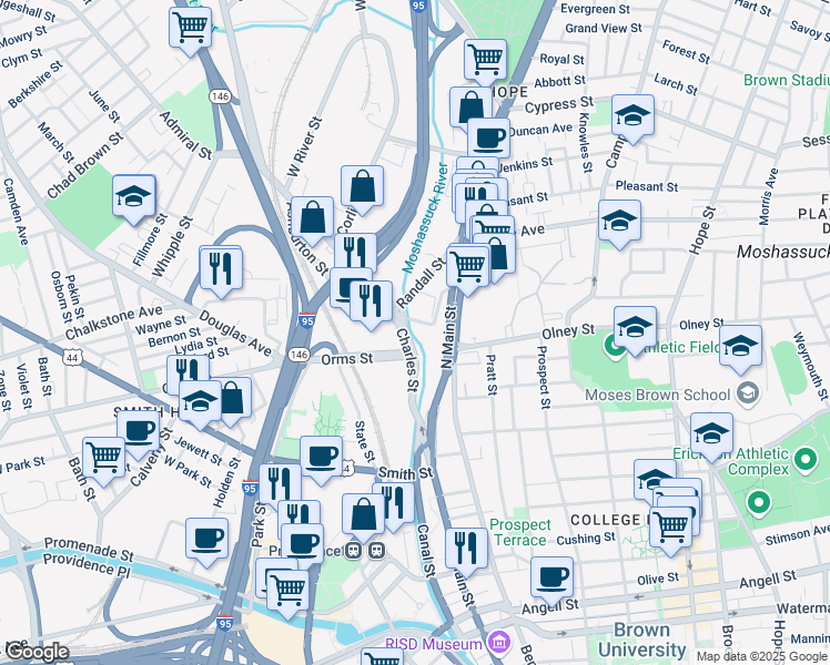 map of restaurants, bars, coffee shops, grocery stores, and more near 1 Rhode Island 7 in Providence