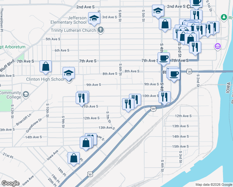 map of restaurants, bars, coffee shops, grocery stores, and more near 623 10th Avenue South in Clinton