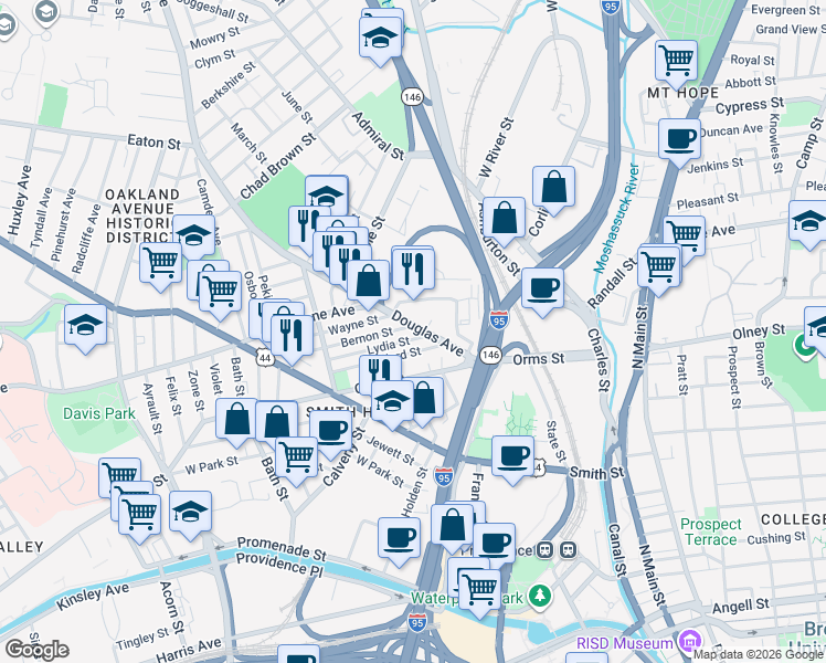 map of restaurants, bars, coffee shops, grocery stores, and more near 2 Bernon Street in Providence