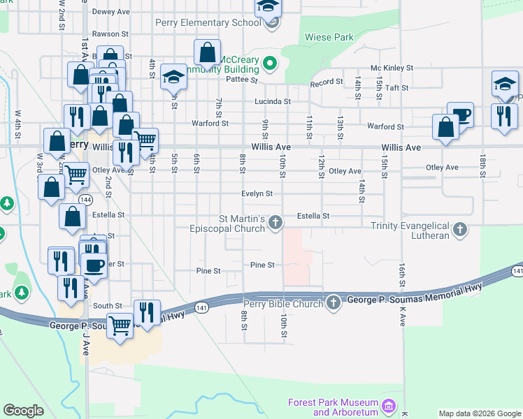 map of restaurants, bars, coffee shops, grocery stores, and more near 1801 Estella Street in Perry